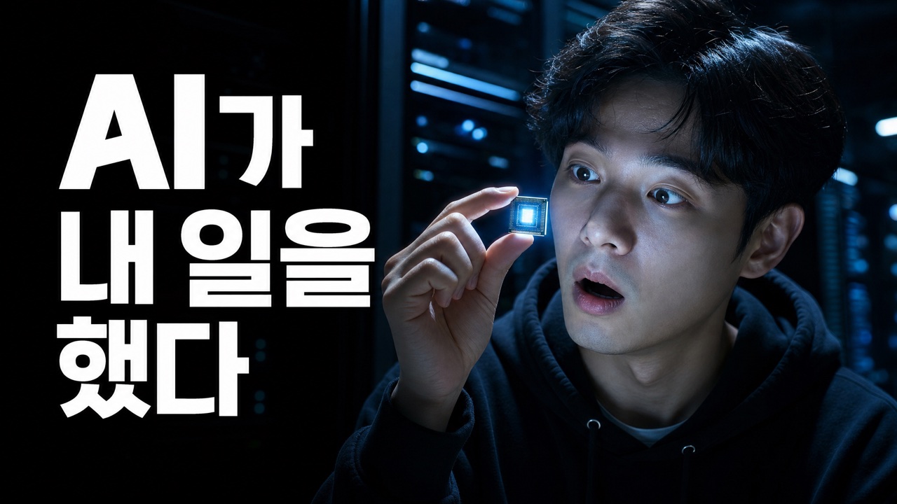 AI 생성 유튜브 썸네일 — 빛나는 AI 칩을 든 테크 크리에이터, 헤드라인 'AI DID MY JOB'