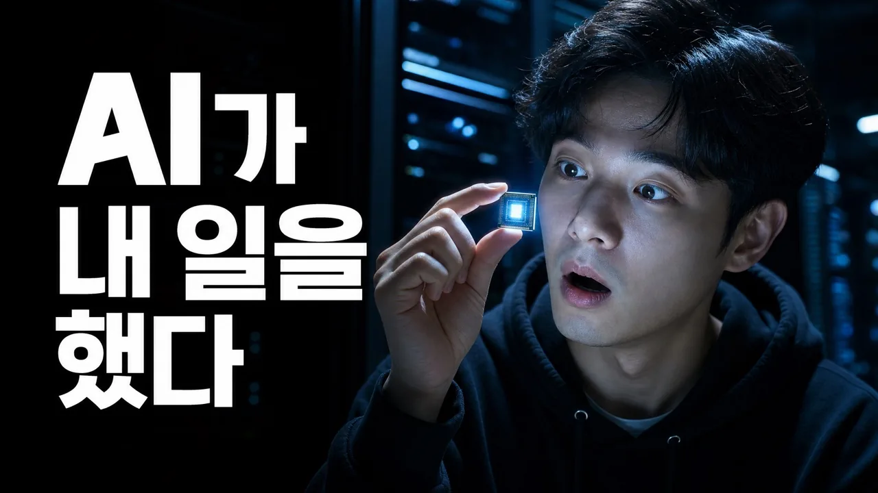 AI 생성 유튜브 썸네일 — 빛나는 AI 칩을 든 테크 크리에이터, 헤드라인 'AI DID MY JOB'