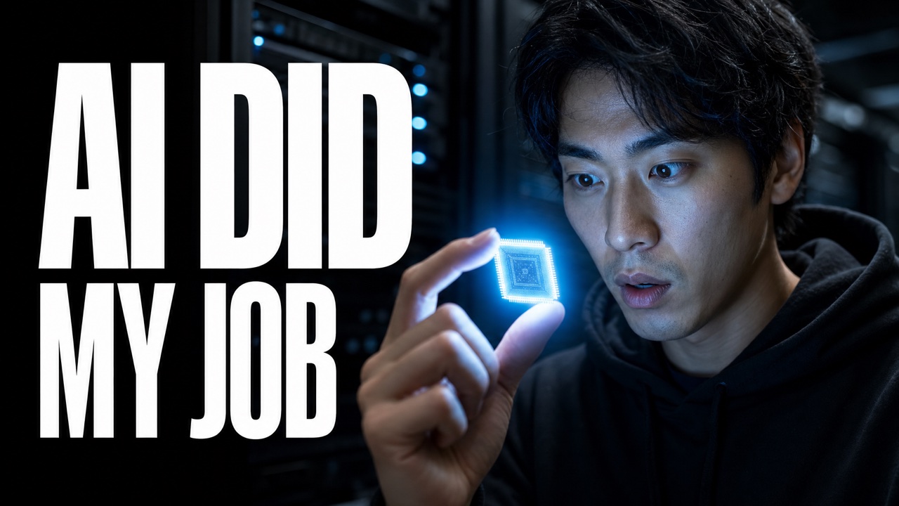 AI-generated YouTube thumbnail — tech creator holding a glowing AI chip, headline 'AI DID MY JOB'