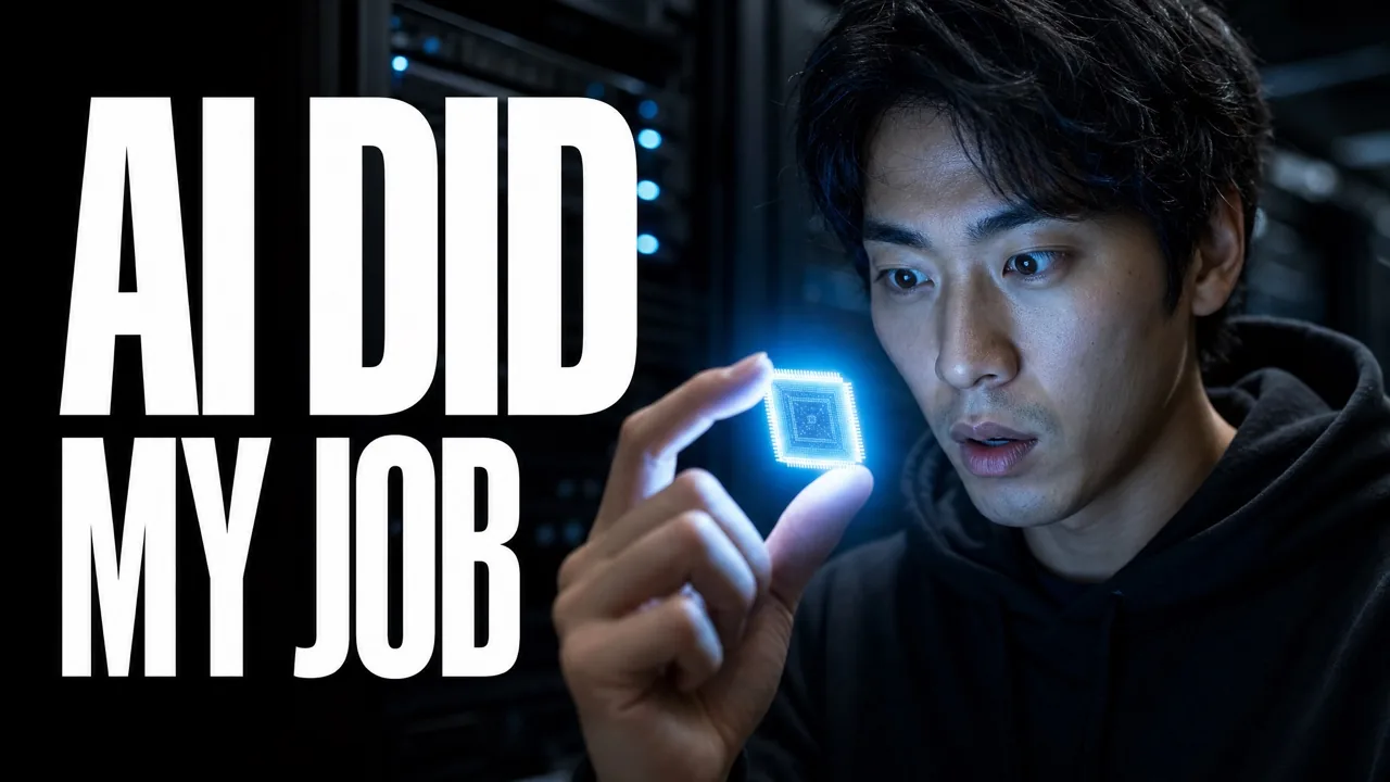 AI-generated YouTube thumbnail — tech creator holding a glowing AI chip, headline 'AI DID MY JOB'
