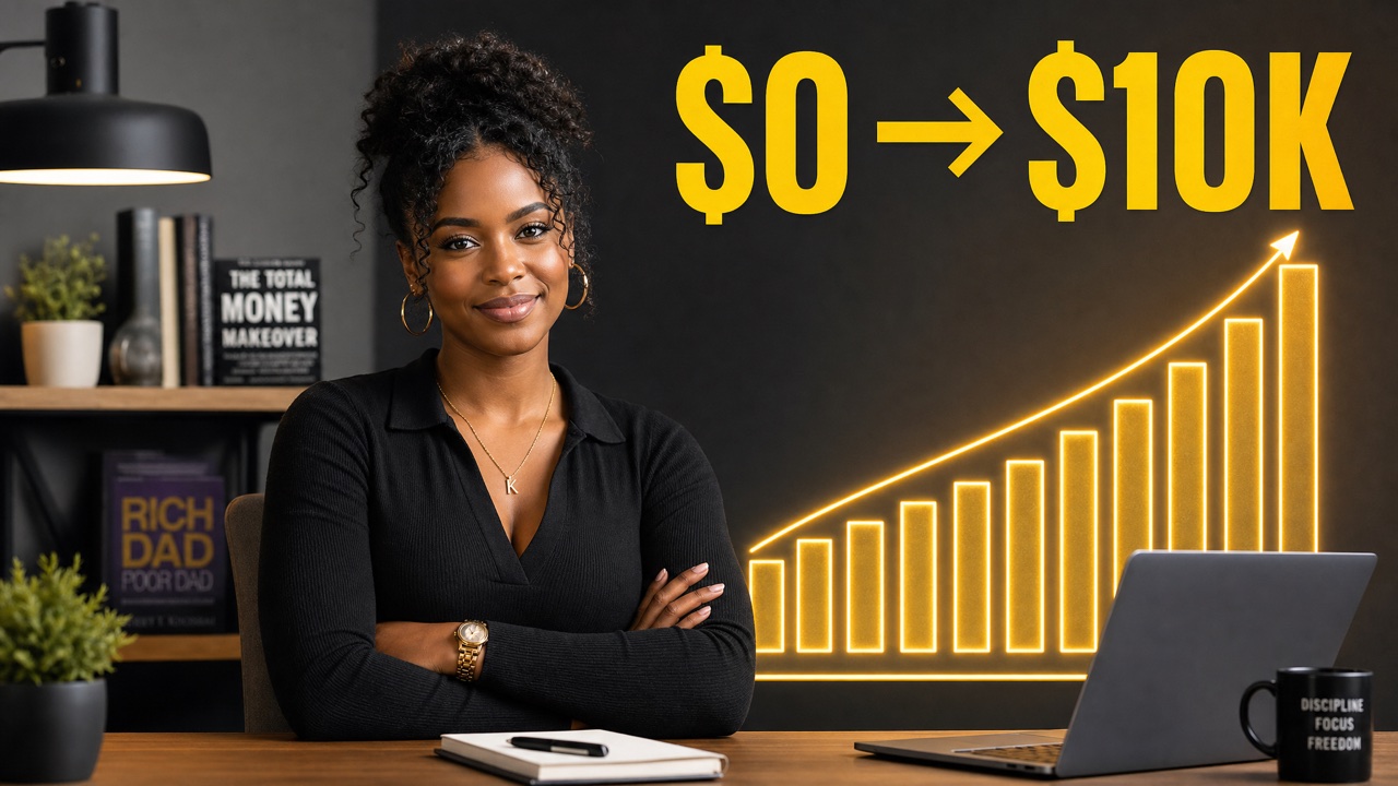 AI-generated YouTube thumbnail — personal finance creator with rising chart, headline '$0 to $10K'