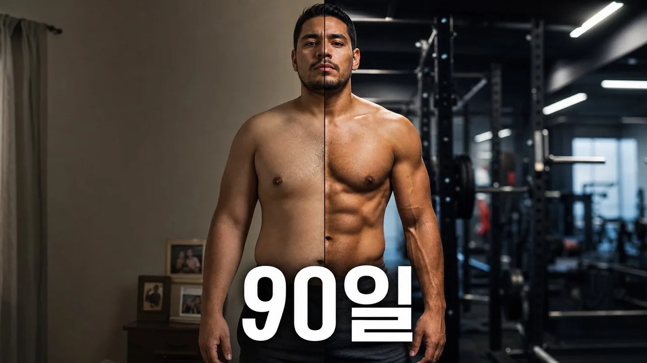 AI 생성 유튜브 썸네일 — 분할 조명의 피트니스 변신, 헤드라인 '90 DAYS'