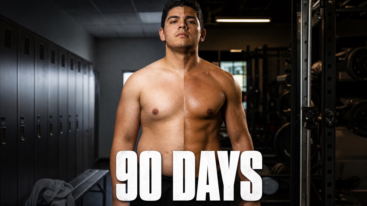 AI-generated YouTube thumbnail — fitness transformation in split lighting, headline '90 DAYS'