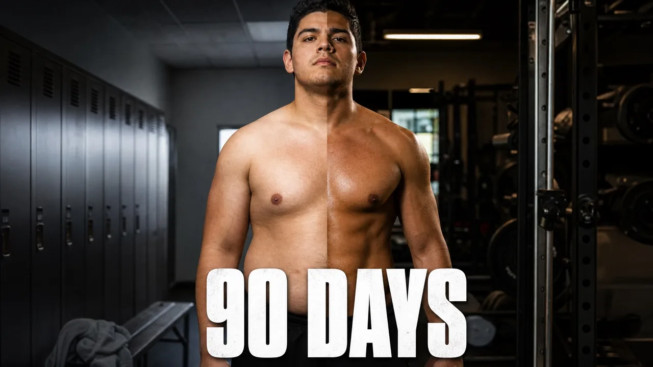 AI-generated YouTube thumbnail — fitness transformation in split lighting, headline '90 DAYS'
