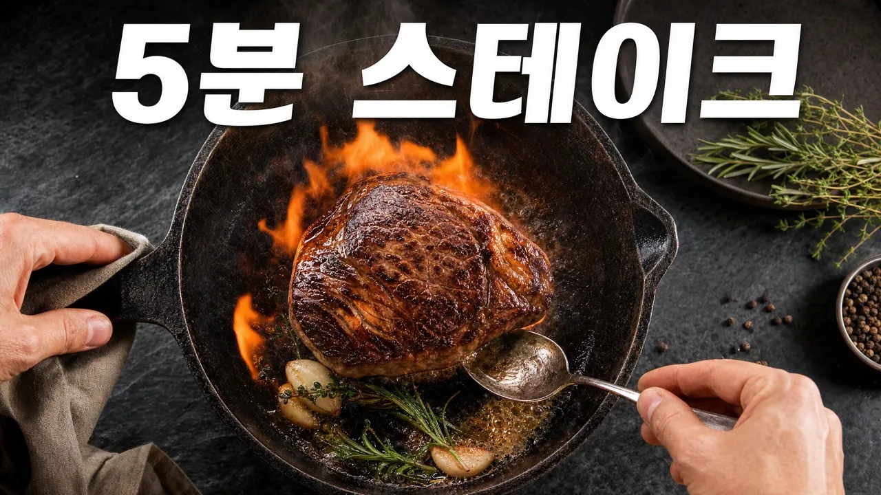 AI 생성 유튜브 썸네일 — 불길이 치솟는 팬 위의 스테이크, 헤드라인 '5-MIN STEAK'