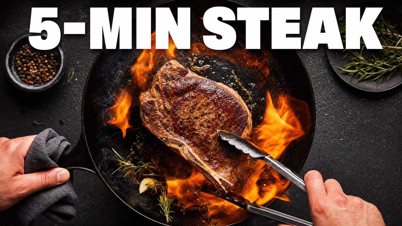 AI-generated YouTube thumbnail — steak searing in a flaming pan, headline '5-MIN STEAK'