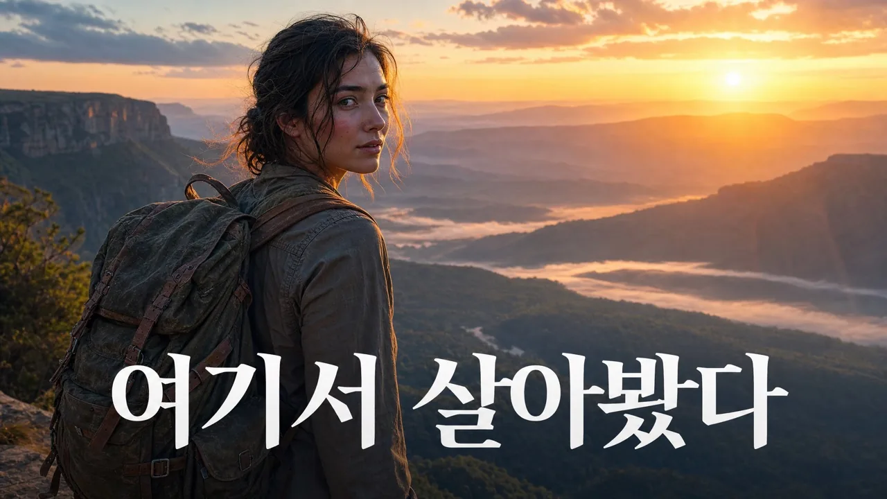 AI 생성 유튜브 썸네일 — 일출 절벽 위의 여행자, 헤드라인 'I LIVED HERE'