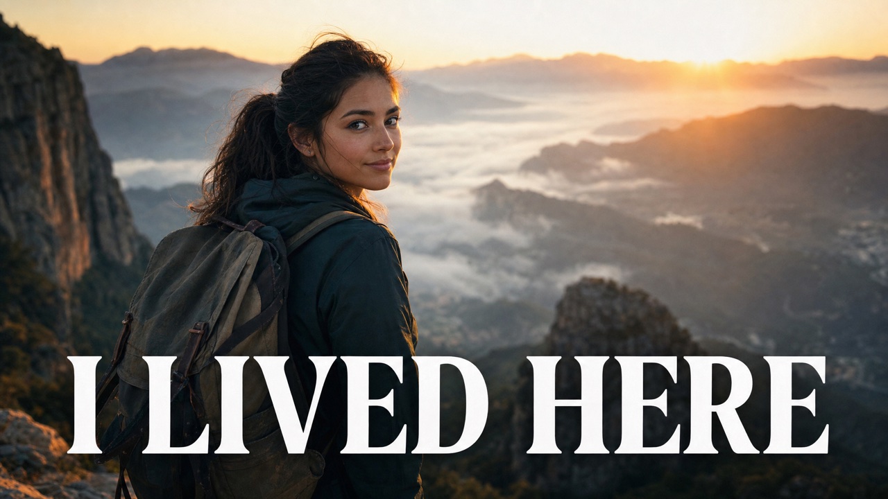 AI-generated YouTube thumbnail — traveler at a cliff edge at sunrise, headline 'I LIVED HERE'