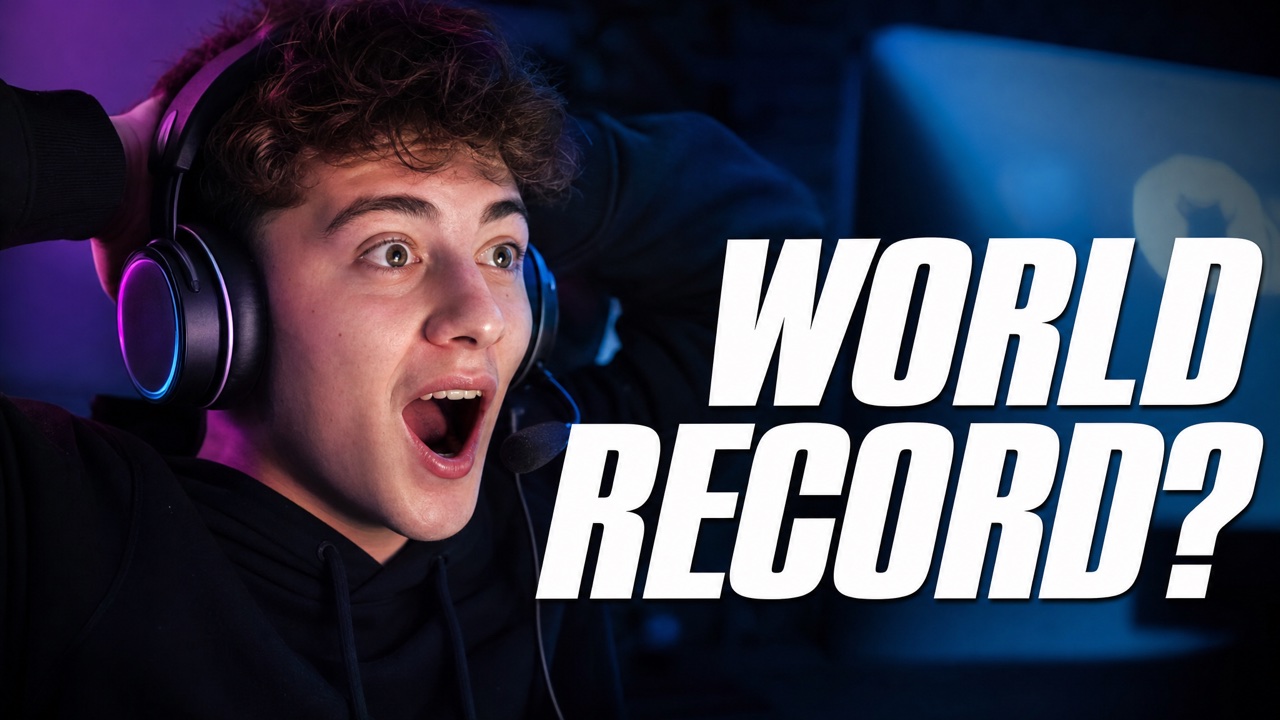 AI-generated YouTube thumbnail — gamer in neon light reacting, headline 'WORLD RECORD?'