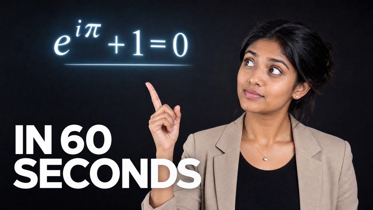 AI-generated YouTube thumbnail — science educator with holographic equation, headline 'IN 60 SECONDS'