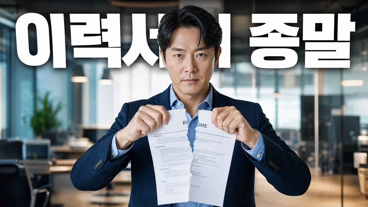 AI 생성 유튜브 썸네일 — 이력서를 찢는 커리어 크리에이터, 헤드라인 'RESUMES ARE DEAD'