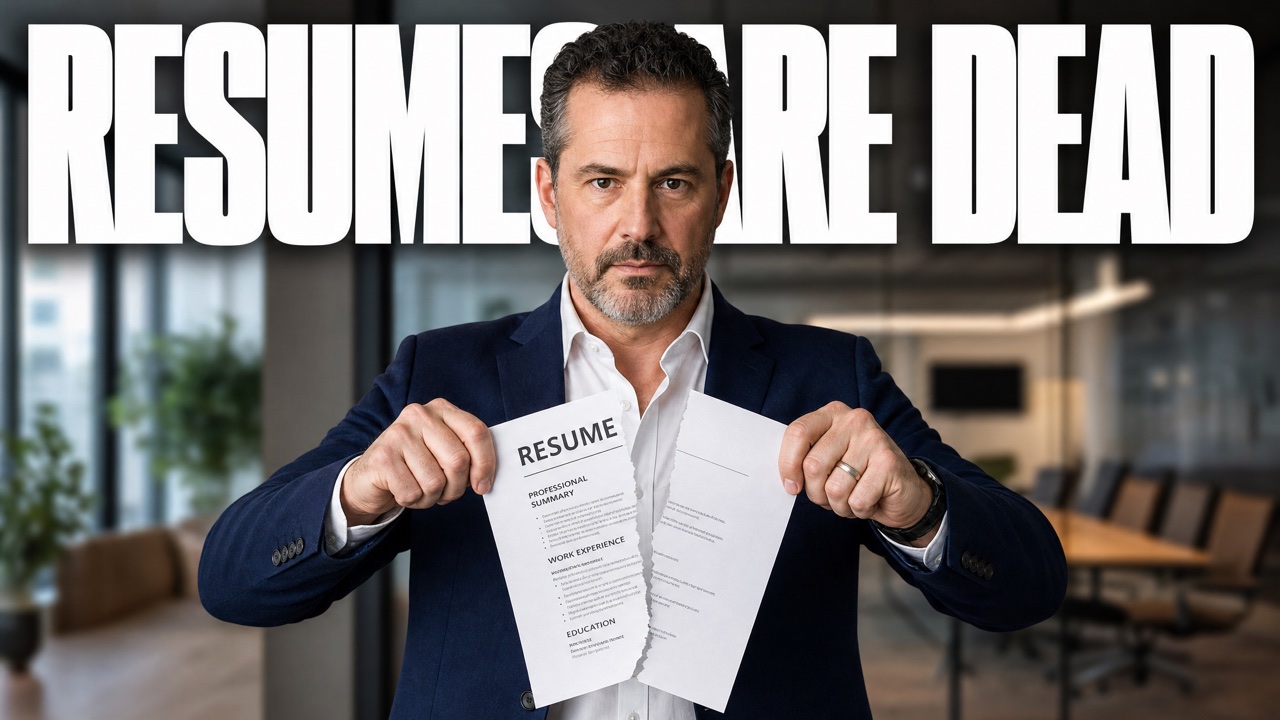 AI-generated YouTube thumbnail — career creator tearing a resume, headline 'RESUMES ARE DEAD'