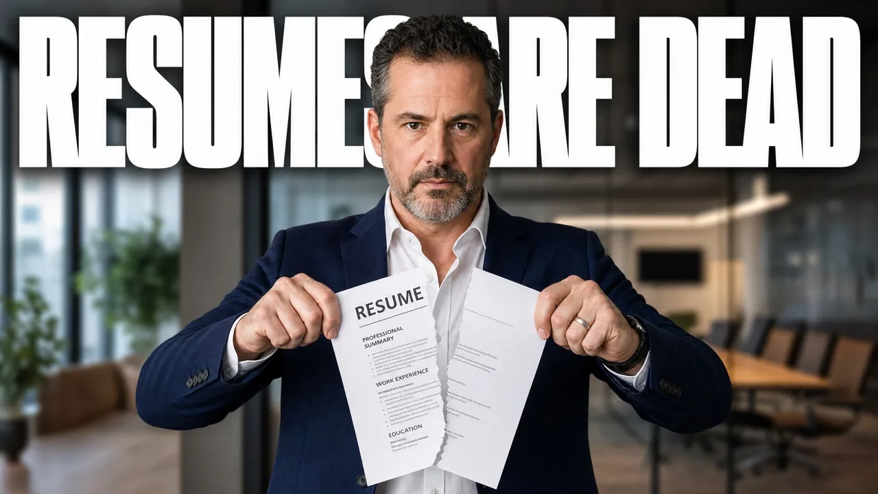 AI-generated YouTube thumbnail — career creator tearing a resume, headline 'RESUMES ARE DEAD'