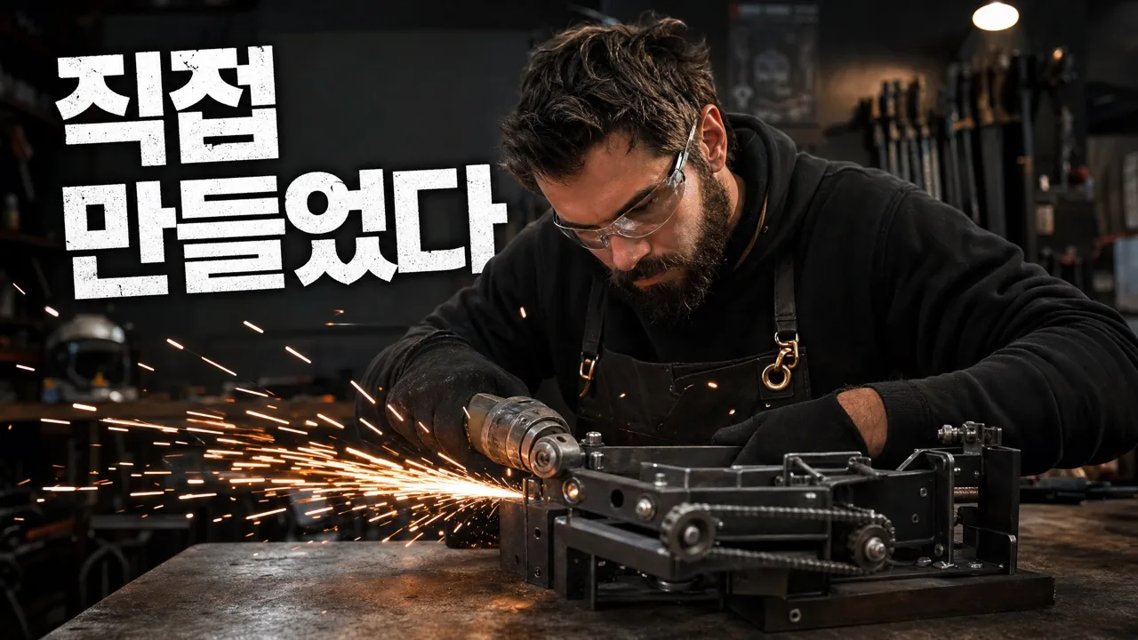 AI 생성 유튜브 썸네일 — 불꽃 튀는 작업대의 메이커, 헤드라인 'I BUILT IT'