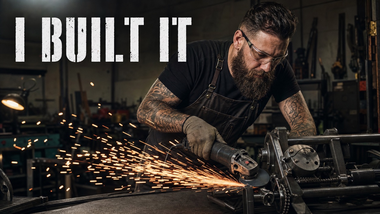 AI-generated YouTube thumbnail — maker grinding metal with sparks, headline 'I BUILT IT'