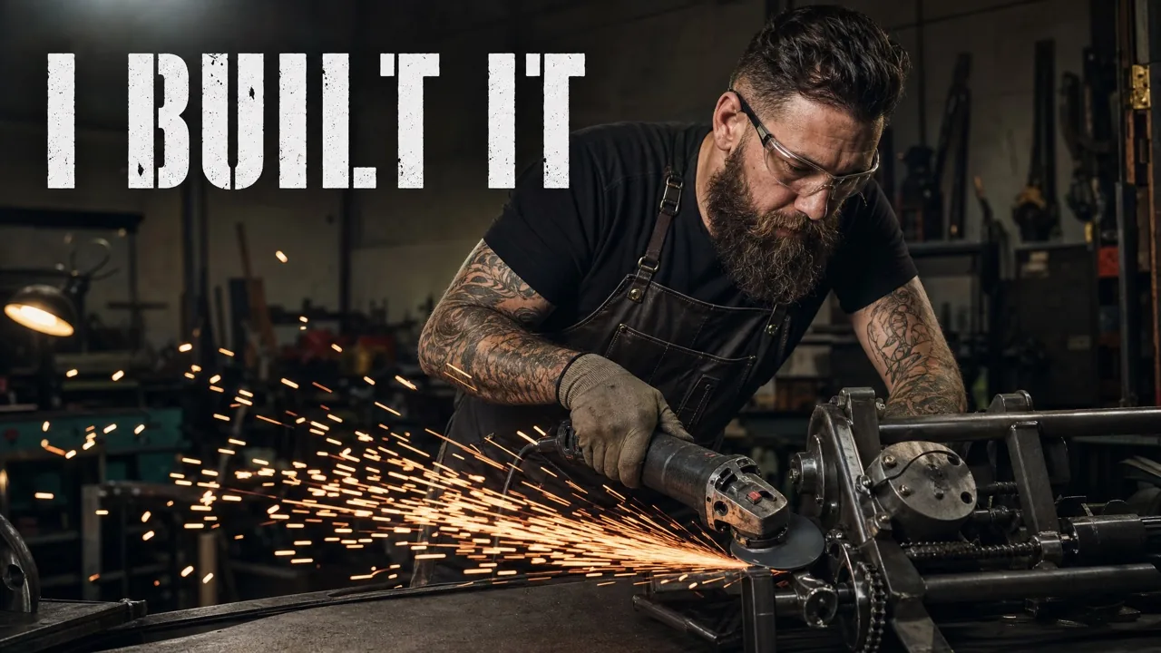 AI-generated YouTube thumbnail — maker grinding metal with sparks, headline 'I BUILT IT'